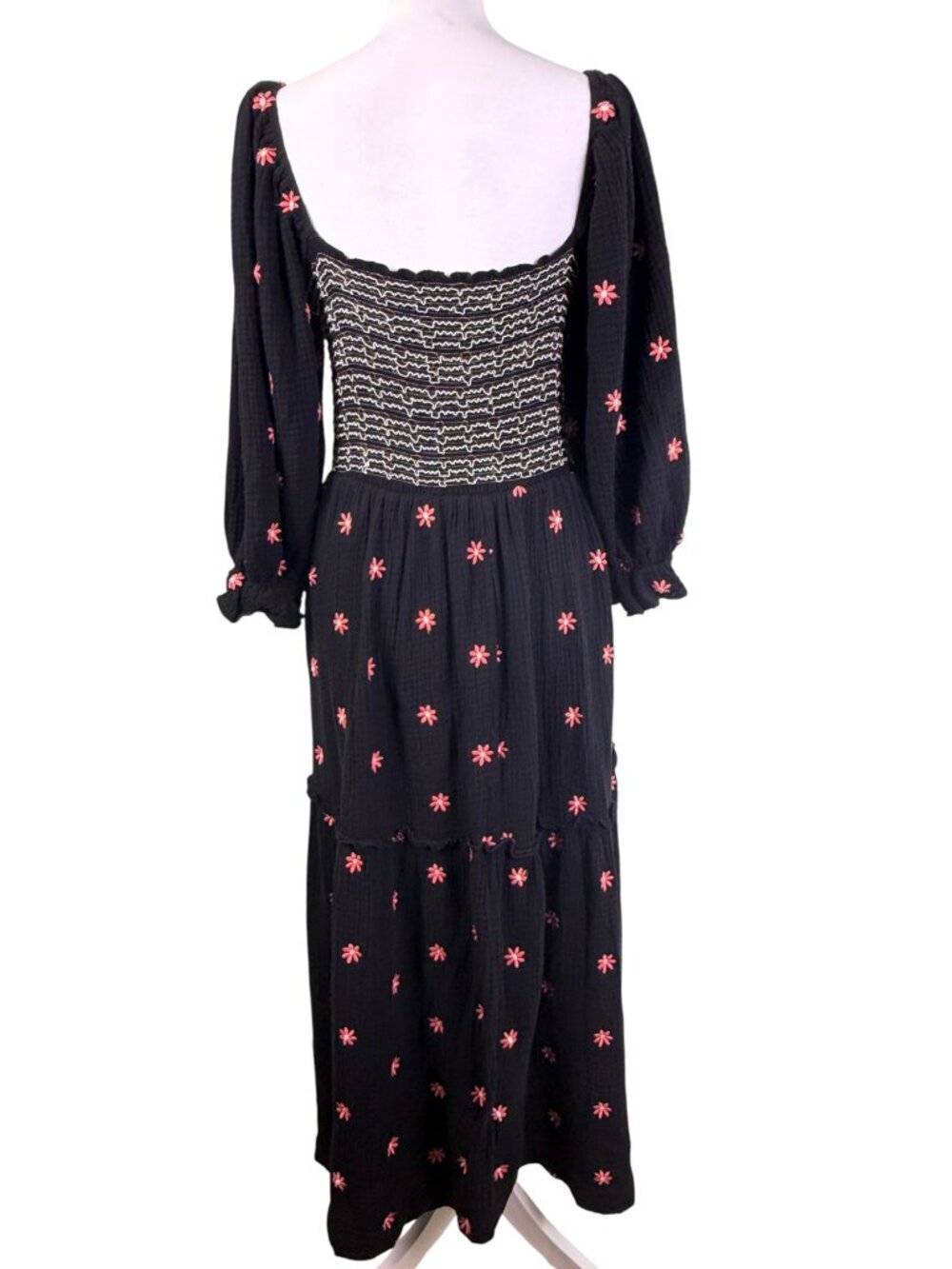 Boutique Style Black Smocked Midi Dress Pink Embroidered Floral Cottagecore M - Picture 6 of 14